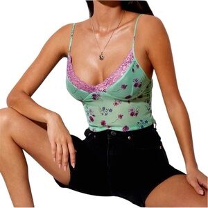 Motel Rocks Floral Lace Mesh Cami Tank Top Semi Sheer Crop Top Green Purple S